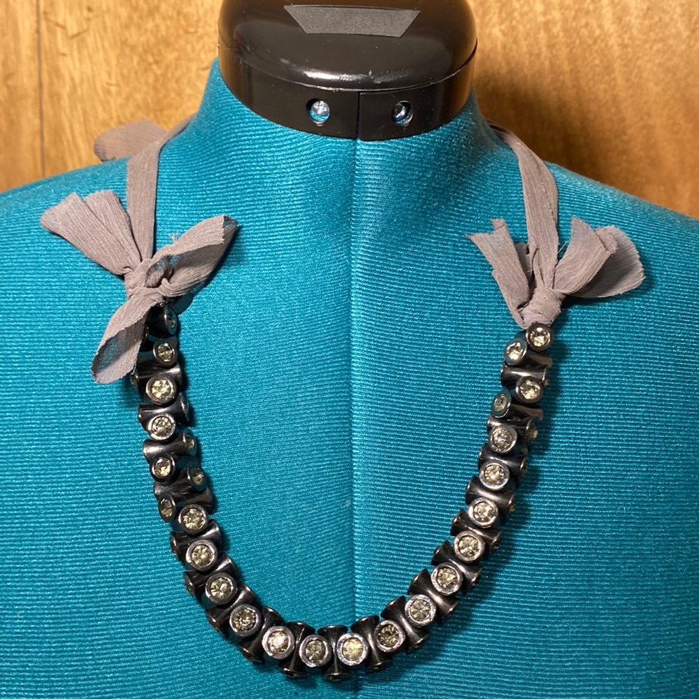 J. Crew Necklace with Non Acrylic Stone Accents-Gray Ribbon w/Gunmetal Hardware